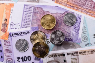 Hindistan kağıt para birimi, rupi, mali işlemler ve takas için. Tasarımınız için arkaplan olarak Hint Rupisi