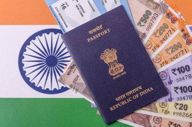 Hint pasaportu, seyahat, boş zaman ve iş belgesi. Tasarımınız için Hindistan pasaportu bir seyahat arka planı olarak