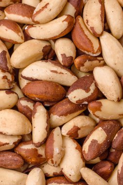 Brezilya fındığı, çiğ ve kabuklu, bir selenyum kaynağı ve sağlıklı bir gıda malzemesidir. Brezilya tasarımı için gıda arka planı olarak fındık