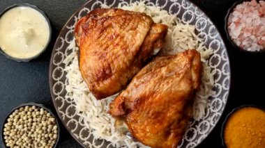 Kabsa ya da Haneeth, pirinç, tavuk, tuz ve baharatlı bir Arap yemeği. Kabsa ya da Haneeth tasarımı için gıda arka planı olarak kullanılacak.