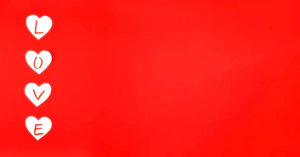 Baner Walentynki Miłość Jest Zrobiona Białych Serc Czerwonym Tle Układy — Zdjęcie stockowe