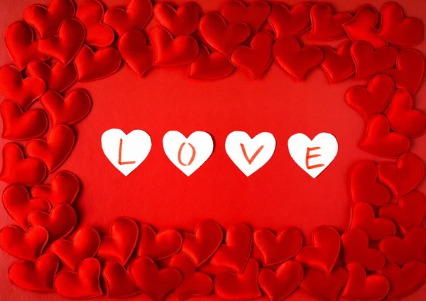 Valentine Day Greeting Card Frame Red Hearts Red Background Word — Stock Photo, Image