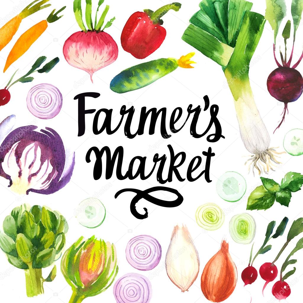 Illustration with watercolor food. Farmers market.
