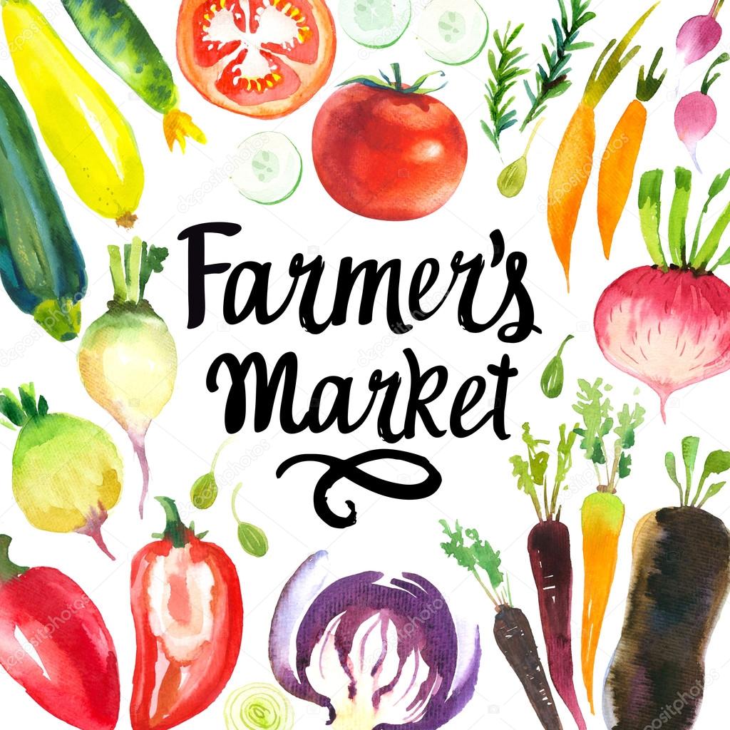 Illustration with watercolor food. Farmers market.