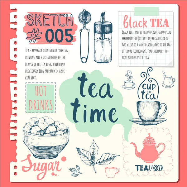 Cuaderno de bocetos de comida con fiesta de té casero — Vector de stock