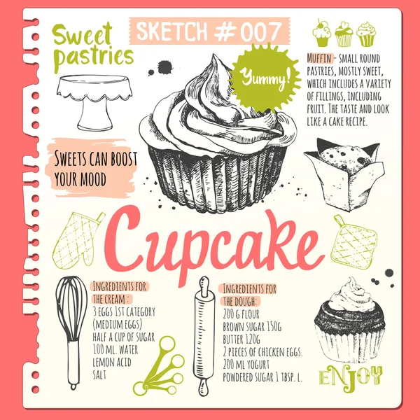 Essen Skizzenbuch mit Muffins und Cupcakes. — Stockvektor