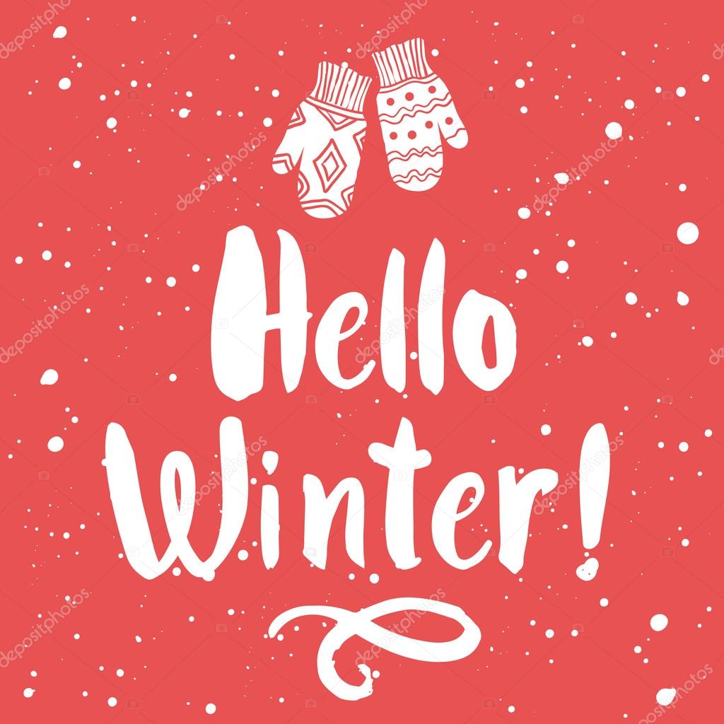 Winter illustration on red background. Handwritten inscription.
