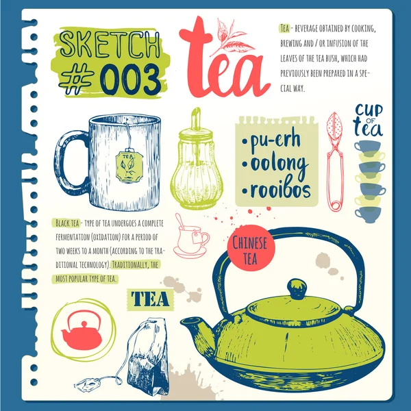 Sketchbook di cibo con tè fatto in casa — Vettoriale Stock