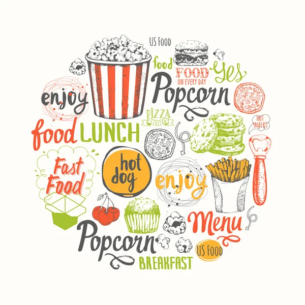 Boceto divertido letras de alimentos y etiquetas — Archivo Imágenes Vectoriales