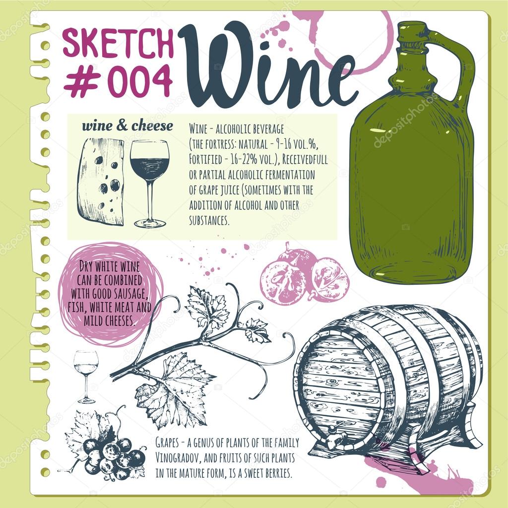 Sketchbook with winemaking products in sketch style.