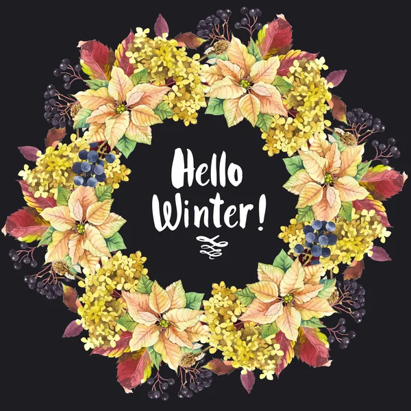 Aquarellkranz mit Blumen und Beeren. Hallo Winter. — Stockfoto