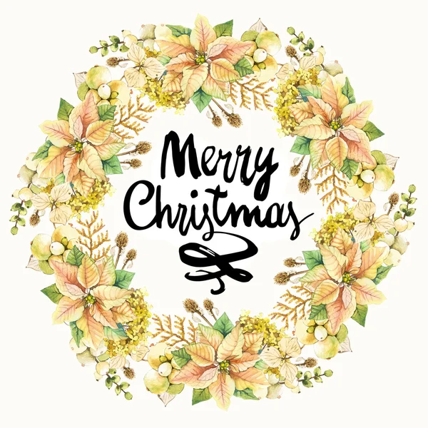 Aquarel krans met bloemen en bessen. Merry Christmas. — Stockfoto