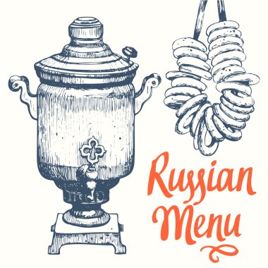 Etnik çay partisi vektör illüstrasyon: Rus donutand ve samovar.