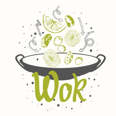 Wok tava ile vektör gıda illüstrasyon. Çizim stili.