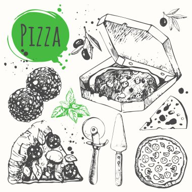 Pizza menüsü ile vektör illüstrasyon. Çizim tarzında İtalyan yemekleri.