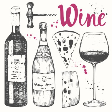 Şarap ayarlayın. Kroki tarzı şarap yapımı ürünler.