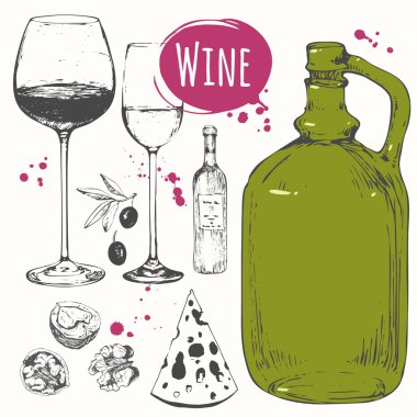 Şarap ayarlayın. Kroki tarzı şarap yapımı ürünler.