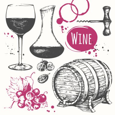 Şarap ayarlayın. Kroki tarzı şarap yapımı ürünler.