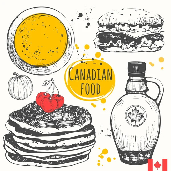 Comida canadiense en el estilo de boceto. Plato principal y aperitivos . — Vector de stock