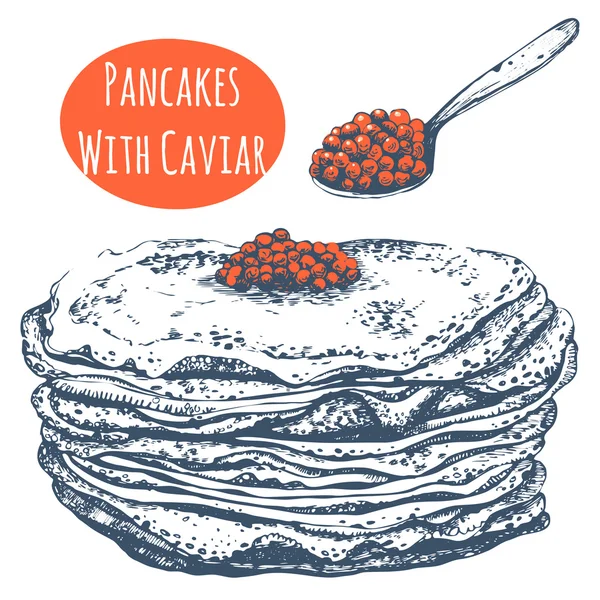 Illustration vectorielle avec crêpes et caviar rouge . — Image vectorielle