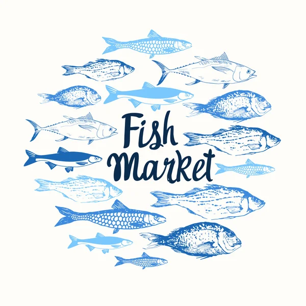 Ilustración vectorial con bocetos de peces . — Vector de stock