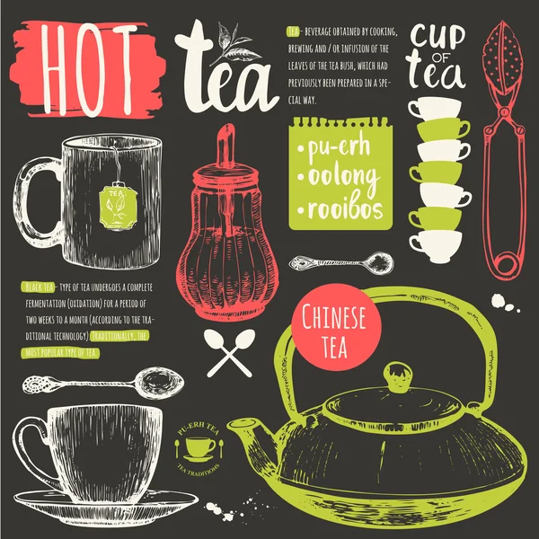 Vektor-Illustration mit Tea-Party-Symbolen auf schwarzem Hintergrund. — Stockvektor