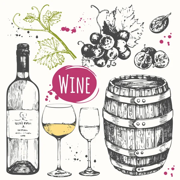 Set de vin. Produits vinicoles dans le style croquis . — Image vectorielle