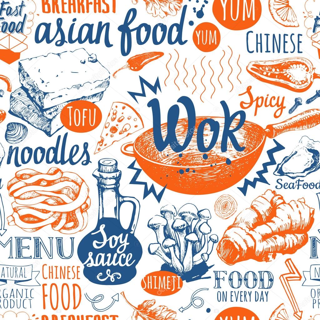 Seamless background with wok food symbols. Menu pattern.