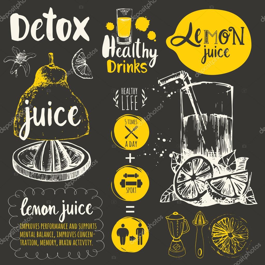 Vector funny illustration with natural juices drinks: smoothies, lemonade and kitchen equipment. Detox. Healthy lifestyle.