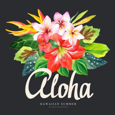 Resimde gerçekçi suluboya çiçekli. Aloha.