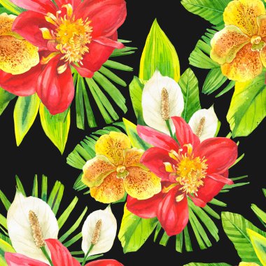 Suluboya tropik çiçekler ile sorunsuz arka plan.