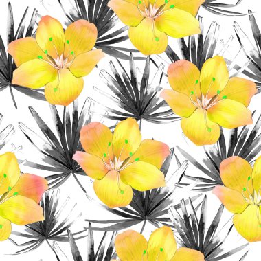 Suluboya tropikal yaprakları ve çiçekleri ile sorunsuz arka plan.