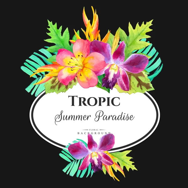 Illustration with watercolor tropical flowers.  Summer paradise. — Stock Photo, Image