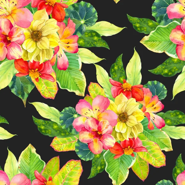 Seamless background with watercolor tropical flowers. — Stock Photo, Image