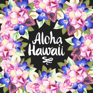 Gerçekçi suluboya çiçekleri ile Hawaii çelenk. Aloha Hawaii.