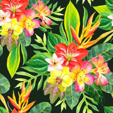 Suluboya tropik çiçekler ile sorunsuz arka plan.