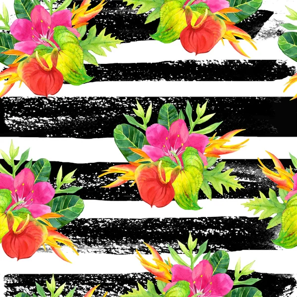 Bezešvé pozadí akvarel tropické květy. — Stock fotografie