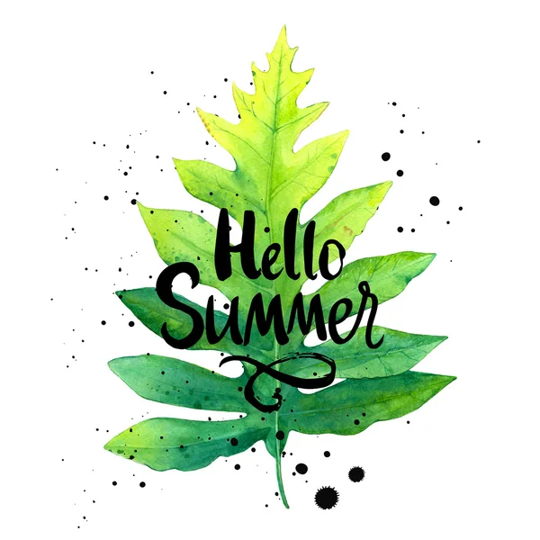 Illustration med akvarell palmblad. Hello Summer. — Stockfoto
