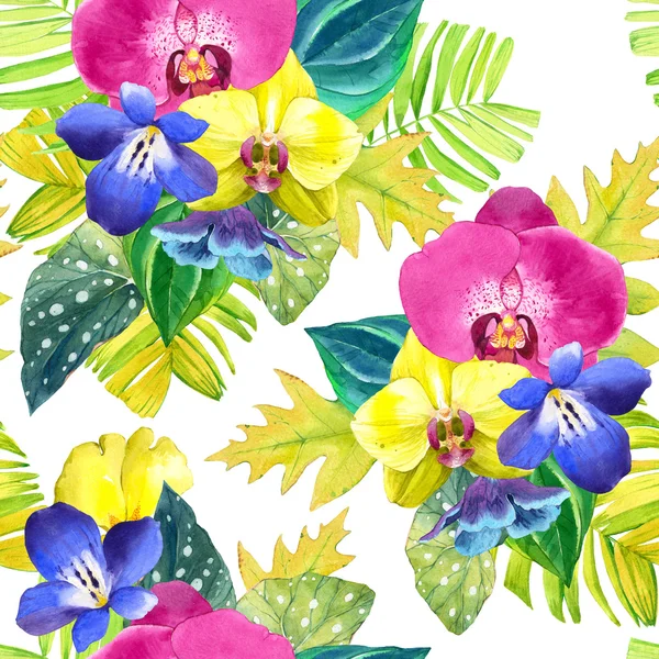 Varratmentes háttérben akvarell trópusi virágokkal. — Stock Fotó