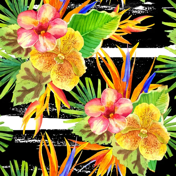 Suluboya tropik çiçekler ile sorunsuz arka plan. — Stok fotoğraf