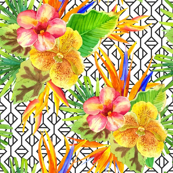 Naadloze achtergrond met aquarel tropische bloemen. — Stockfoto