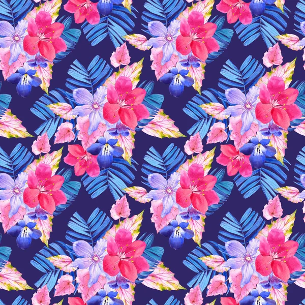Seamless pattern with pink and blue realistic watercolor flowers.