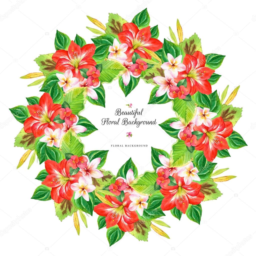 Hawaiian wreath with realistic watercolor flowers. 