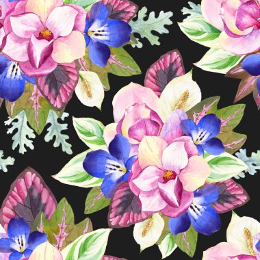 Suluboya tropik çiçekler ile sorunsuz arka plan.