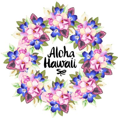 Gerçekçi suluboya çiçekleri ile Hawaii çelenk. Aloha Hawaii.