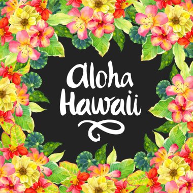 Gerçekçi suluboya çiçekleri ile Hawaii çelenk. Aloha Hawaii.