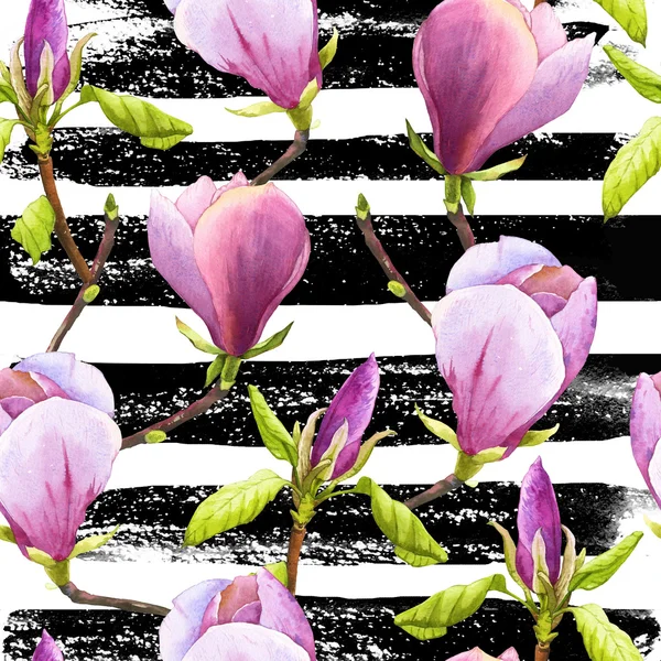 Spring seamless background with purple watercolor magnolia. — Stock Photo, Image