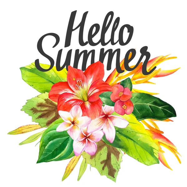 Illustratie met realistische aquarel bloemen. Hallo zomer. — Stockfoto