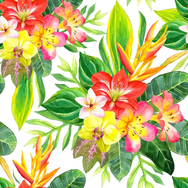 Sömlös bakgrund med akvarell tropiska blommor. — Stockfoto