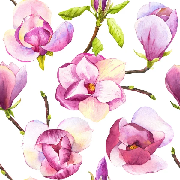 Spring seamless background with watercolor magnolia. — Stock Photo, Image